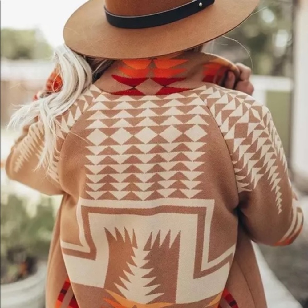 Boho Western Print Native Peacoat Camel Orange Jacket Oversized - Picture 5 of 9